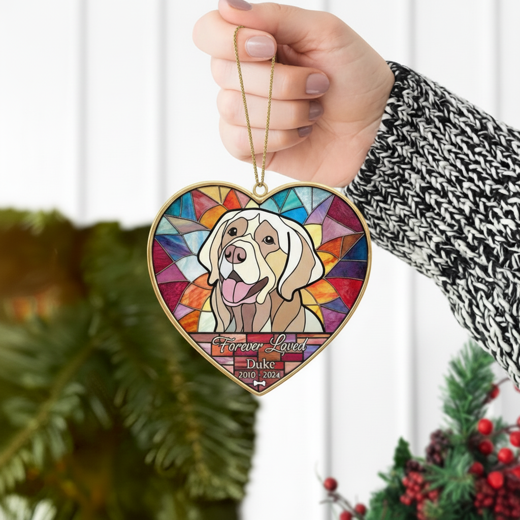 Personalized Stained Glass Dog Memorial Heart Ornament | Custom Pet Loss Suncatcher