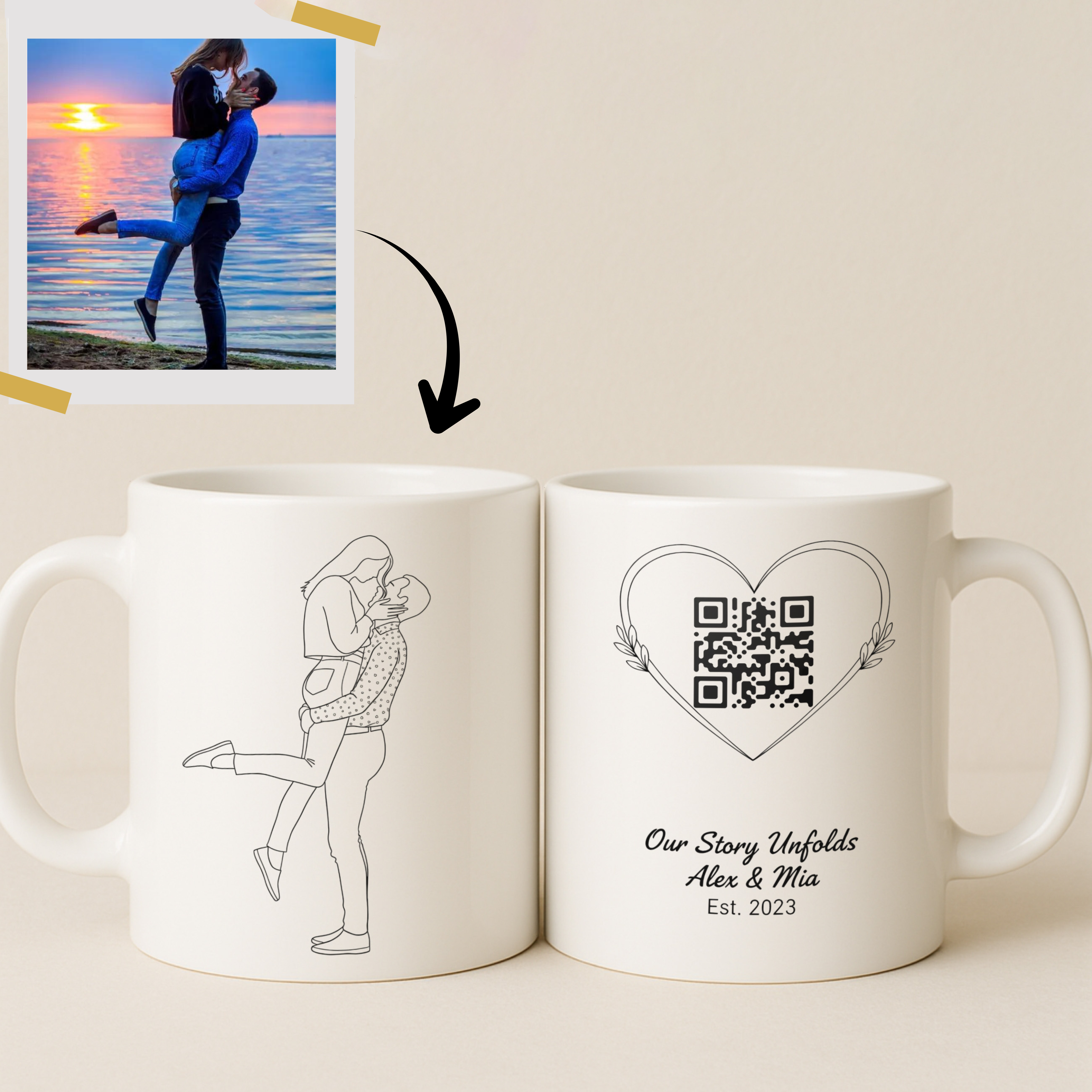 Personalized Line Art Couple Mug – Custom Photo, Names & Special Year