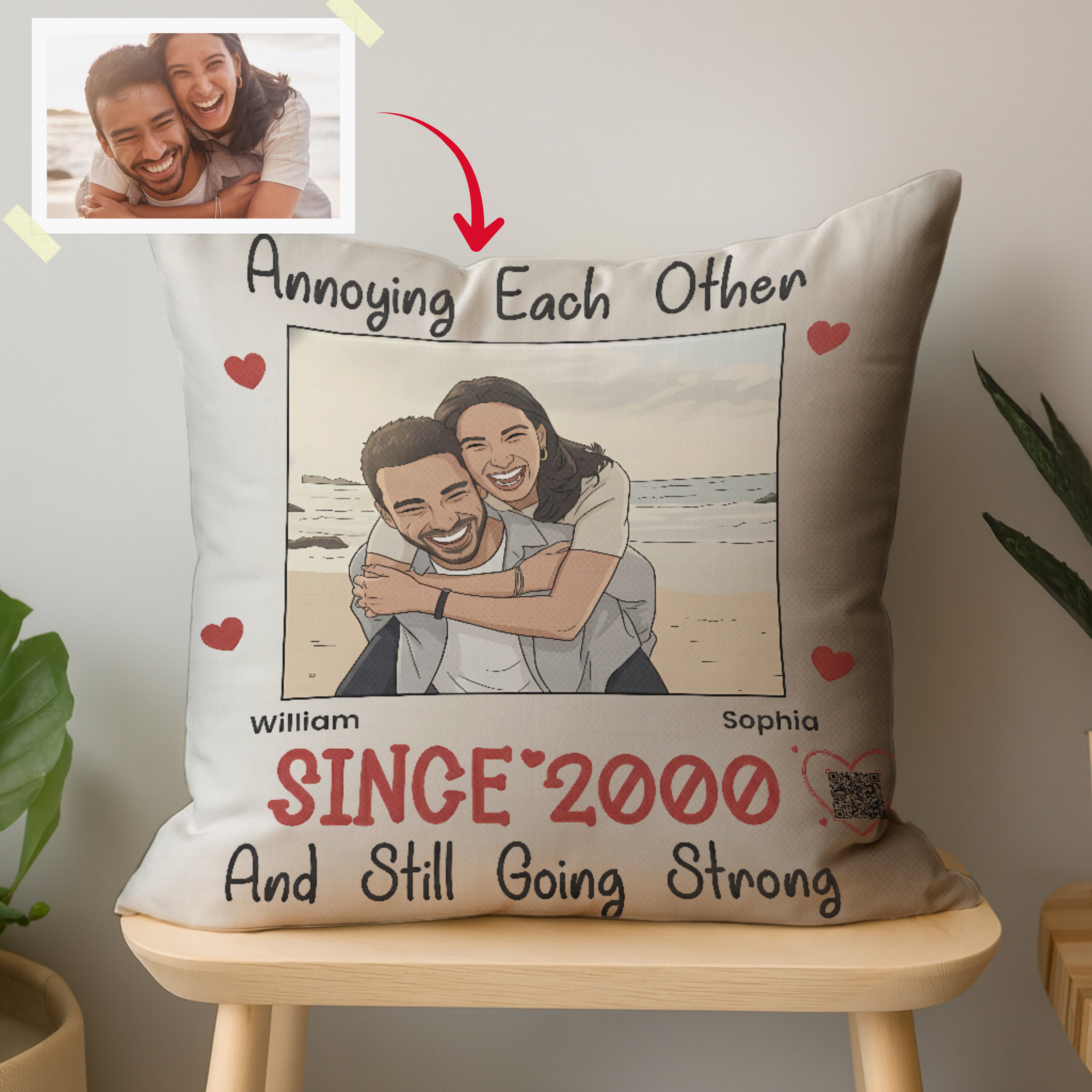 Personalized Funny Couple Interactive QR Throw Pillow Heartfelt Edition