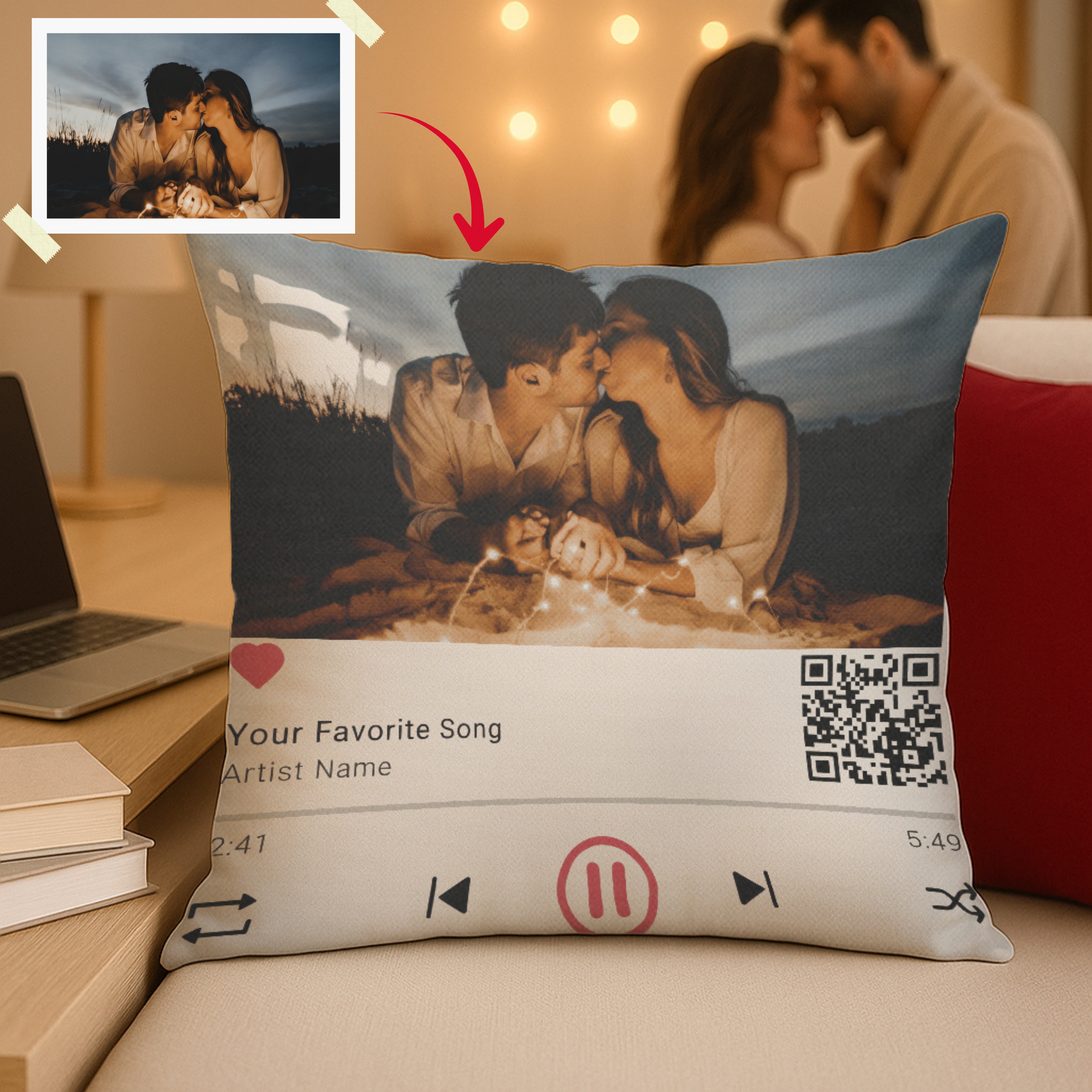 Personalized Photo & Song Interactive QR Throw Pillow Heartfelt Edition