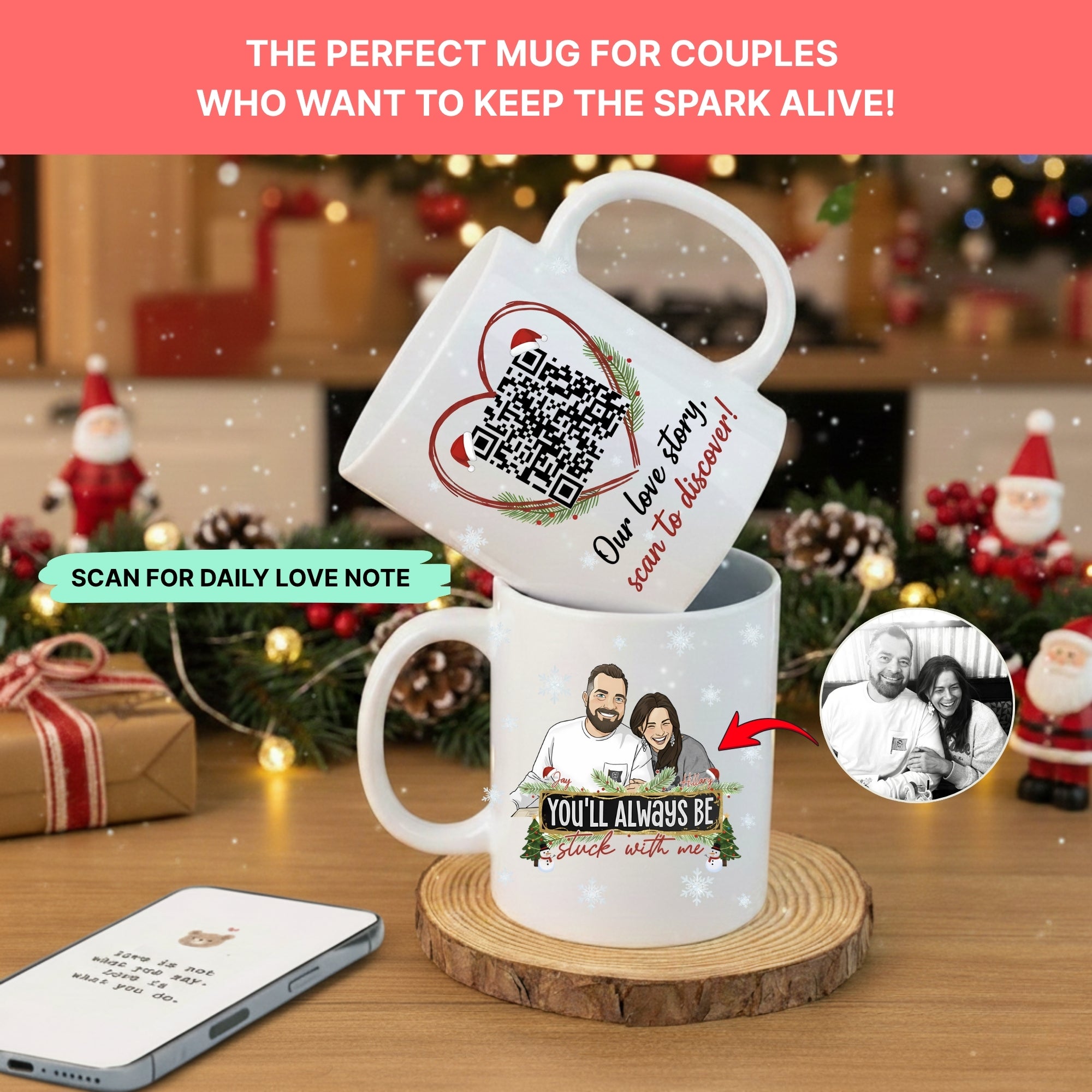 Personalized Christmas Couple Mug with QR Code – Funny Love Story Holiday Gift