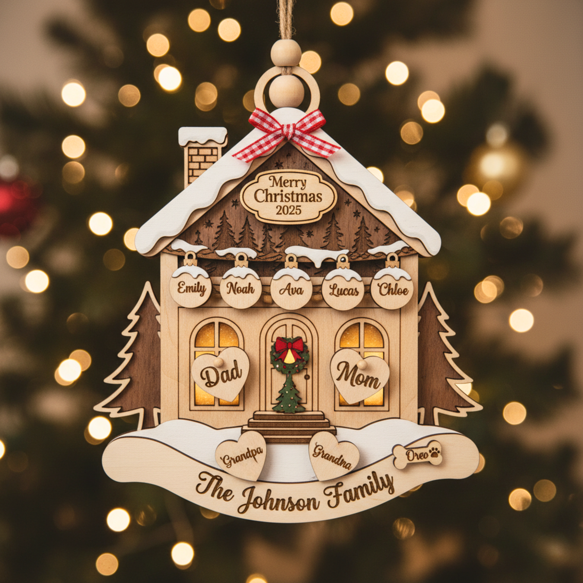 Personalized Family House Christmas 3 Layered Wooden Ornament