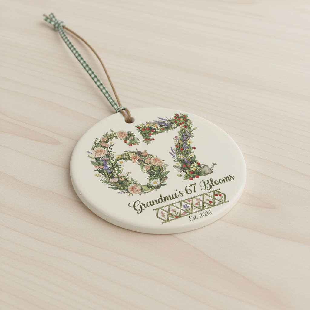 Grandma’s 67 Blooms Ceramic Ornament – Personalized Year Floral 67 Christmas Keepsake