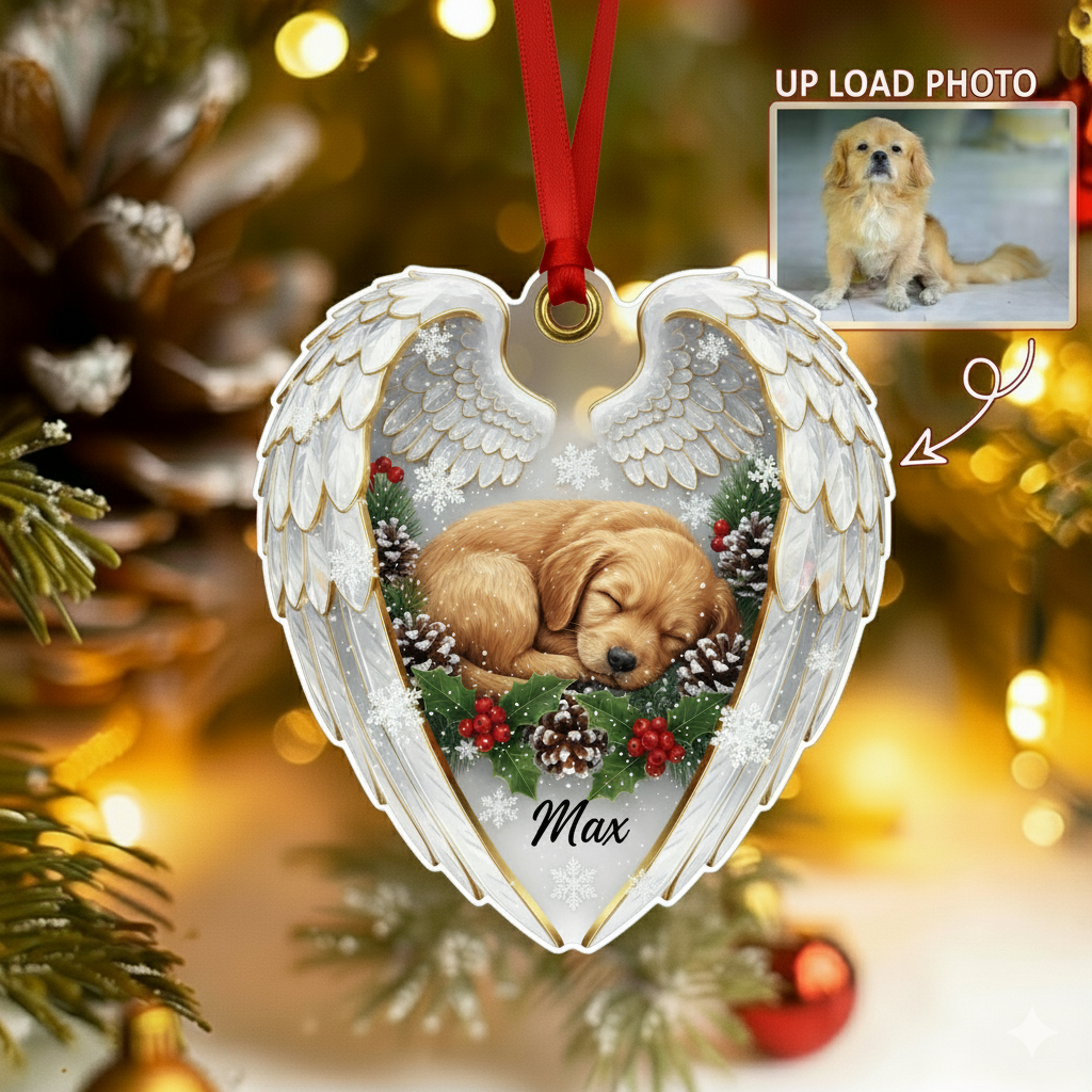 Personalized Pet Loss Angel Wings Ornament | Custom Photo Dog Memorial Keepsake