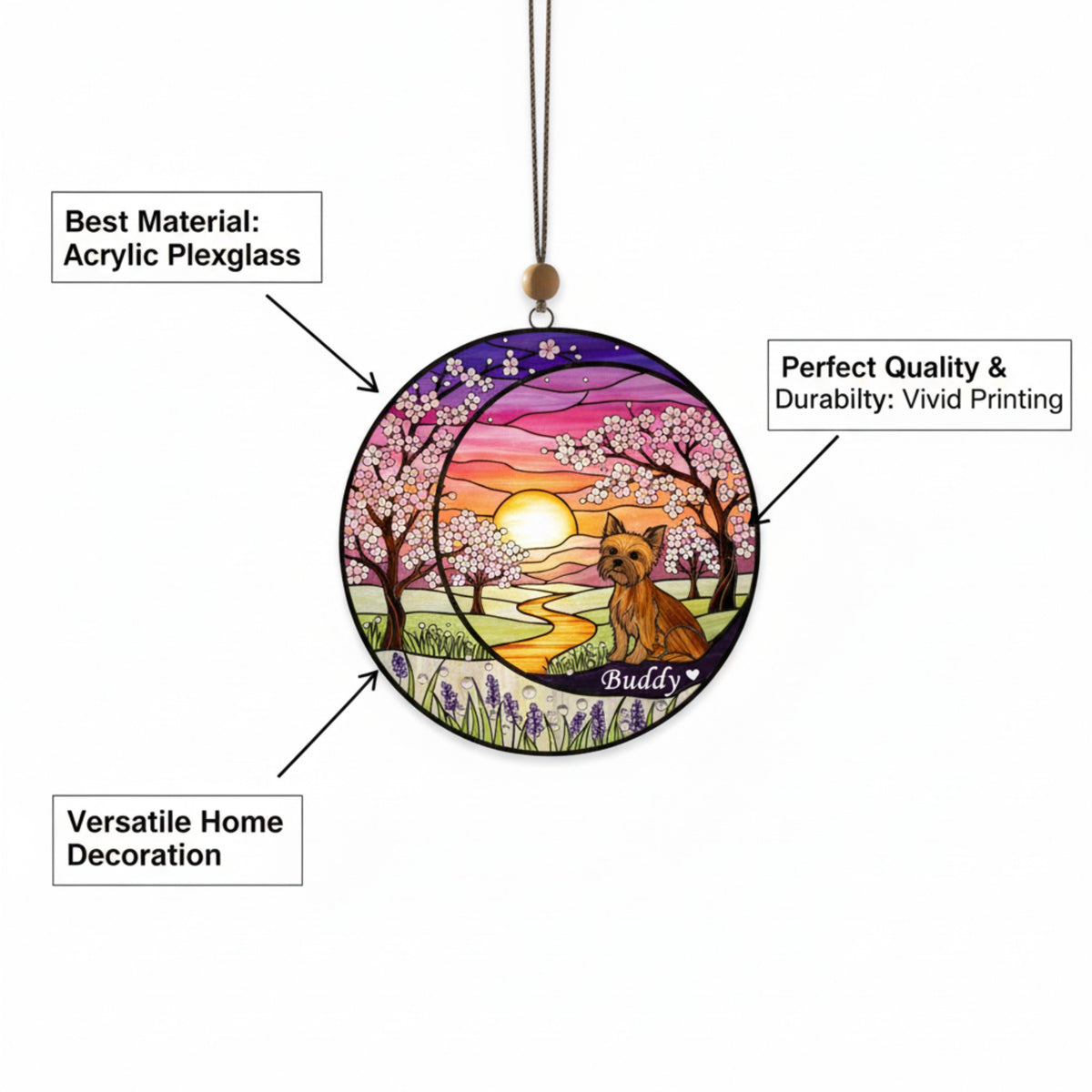 Crescent Moon Yorkie Memorial Suncatcher, Cherry Blossom Sunset Ornament