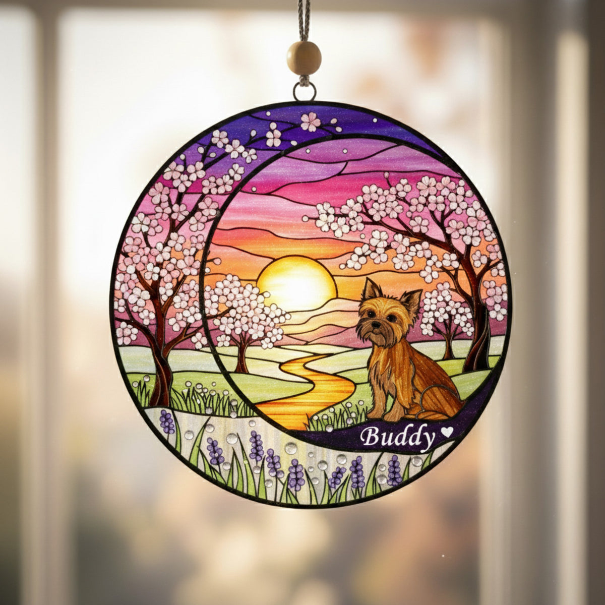 Crescent Moon Yorkie Memorial Suncatcher, Cherry Blossom Sunset Ornament