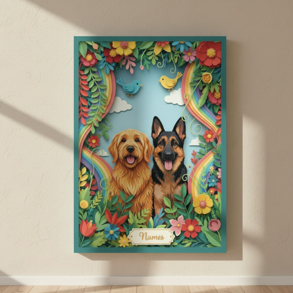 Custom Rainbow Bridge Floral Pet Canvas - Personalized 3D Paper Cut Remembrance Gift