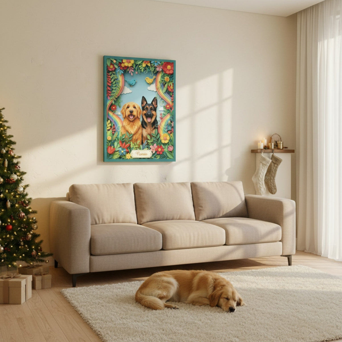 Custom Rainbow Bridge Floral Pet Canvas - Personalized 3D Paper Cut Remembrance Gift