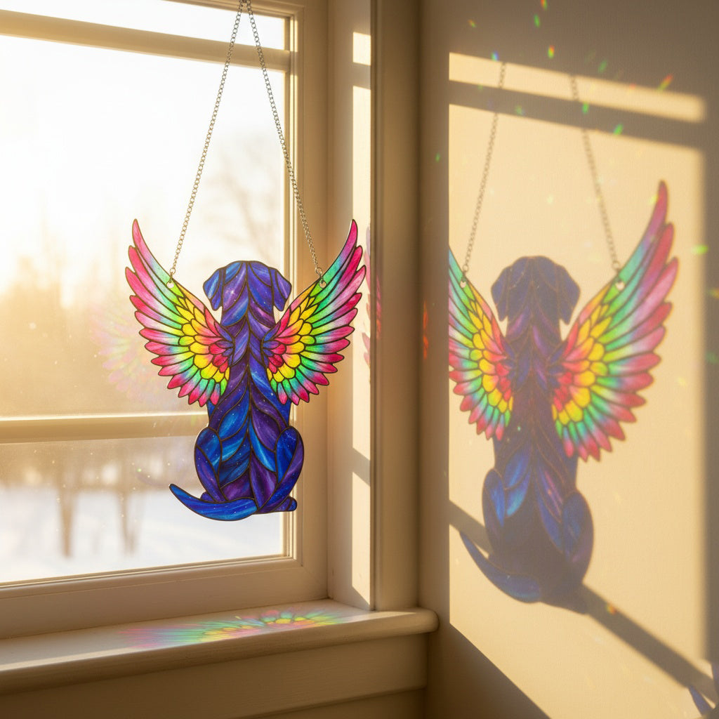 Memorial Angel Wings Dog Suncatcher for Pet Lovers – Custom Photo Stained Glass Tribute