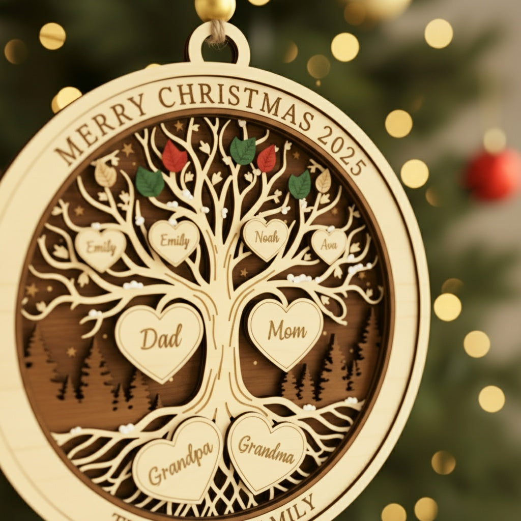 Personalized Family Tree Christmas 3 Layered Wooden Ornament
