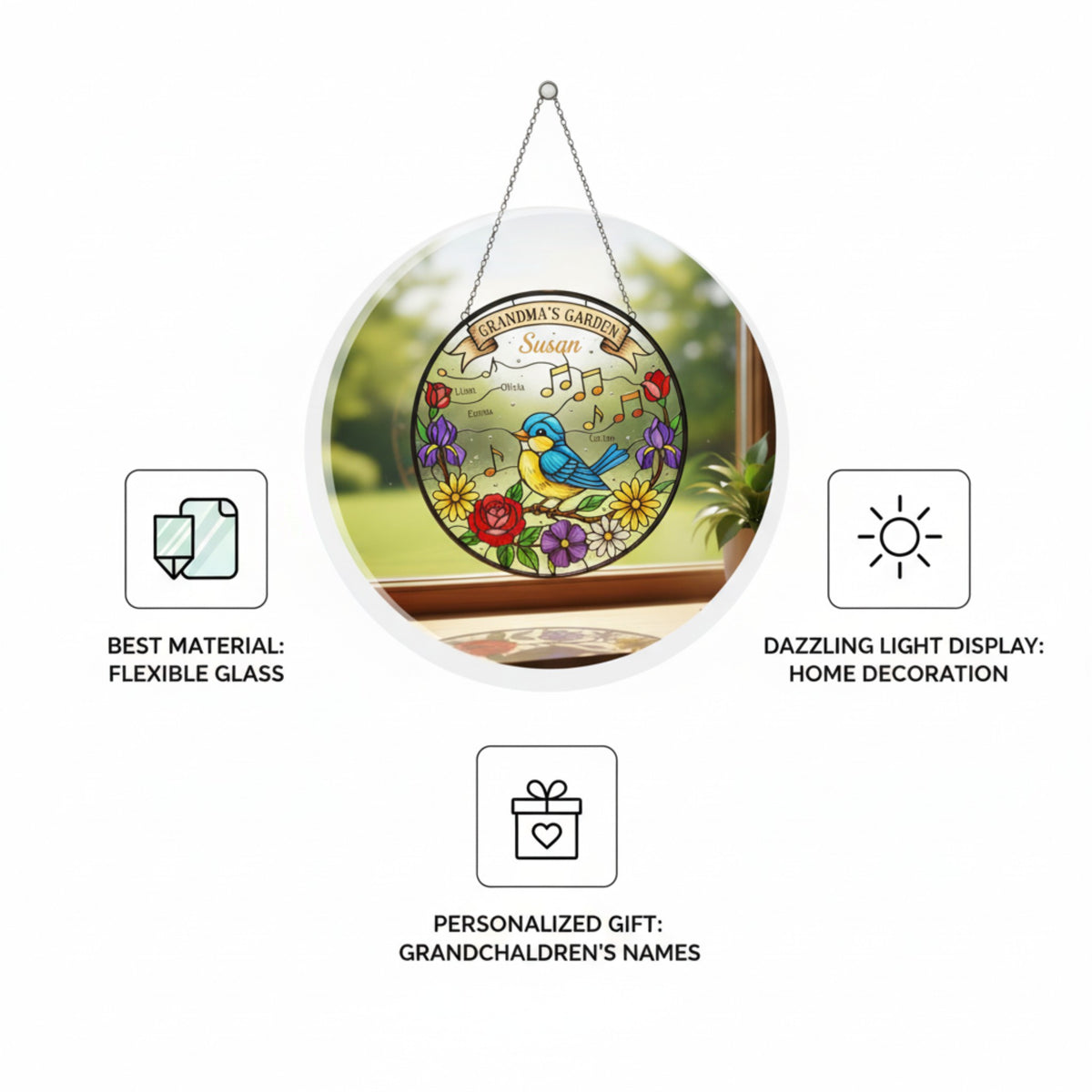 Grandkids' Garden Stained Glass Suncatcher for Grandma – Custom Gift