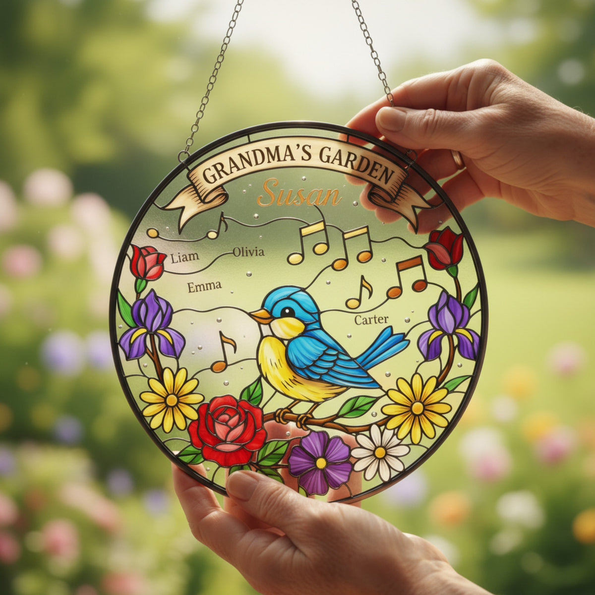 Grandkids' Garden Stained Glass Suncatcher for Grandma – Custom Gift
