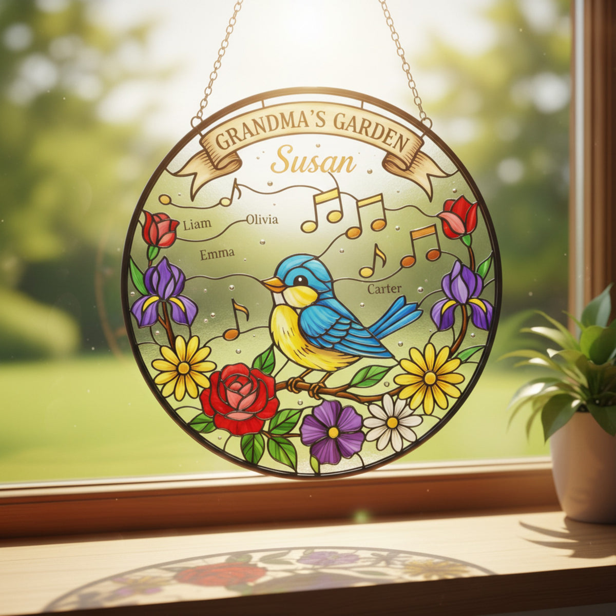 Grandkids' Garden Stained Glass Suncatcher for Grandma – Custom Gift