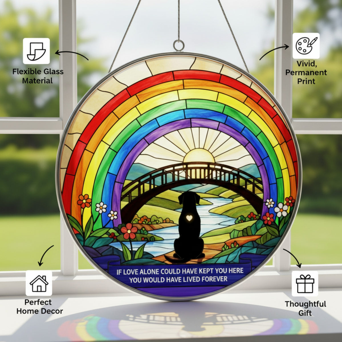 Stained Glass Window Suncatcher – Dog Memorial Gift – Rainbow Bridge Pet Loss Keepsake