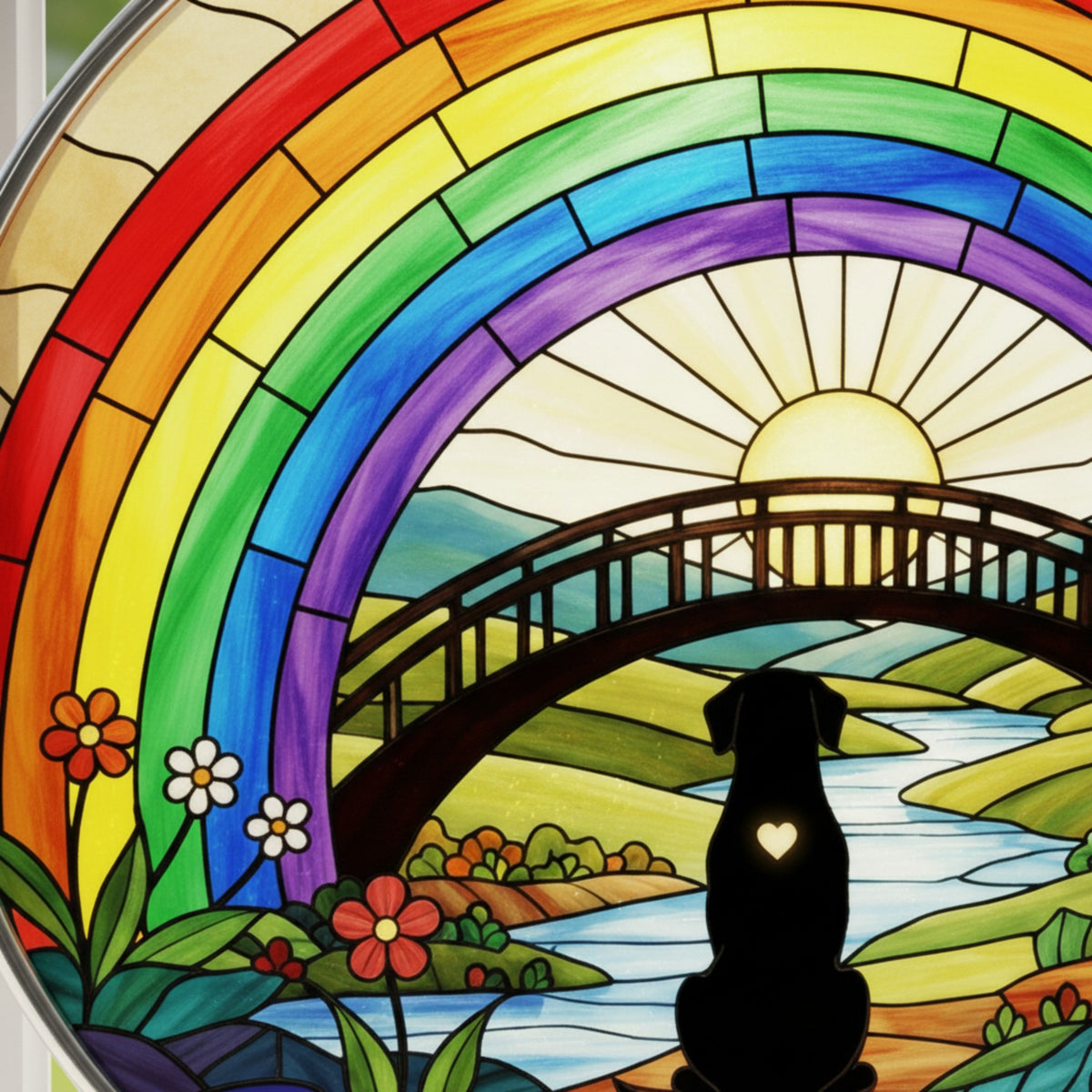 Stained Glass Window Suncatcher – Dog Memorial Gift – Rainbow Bridge Pet Loss Keepsake