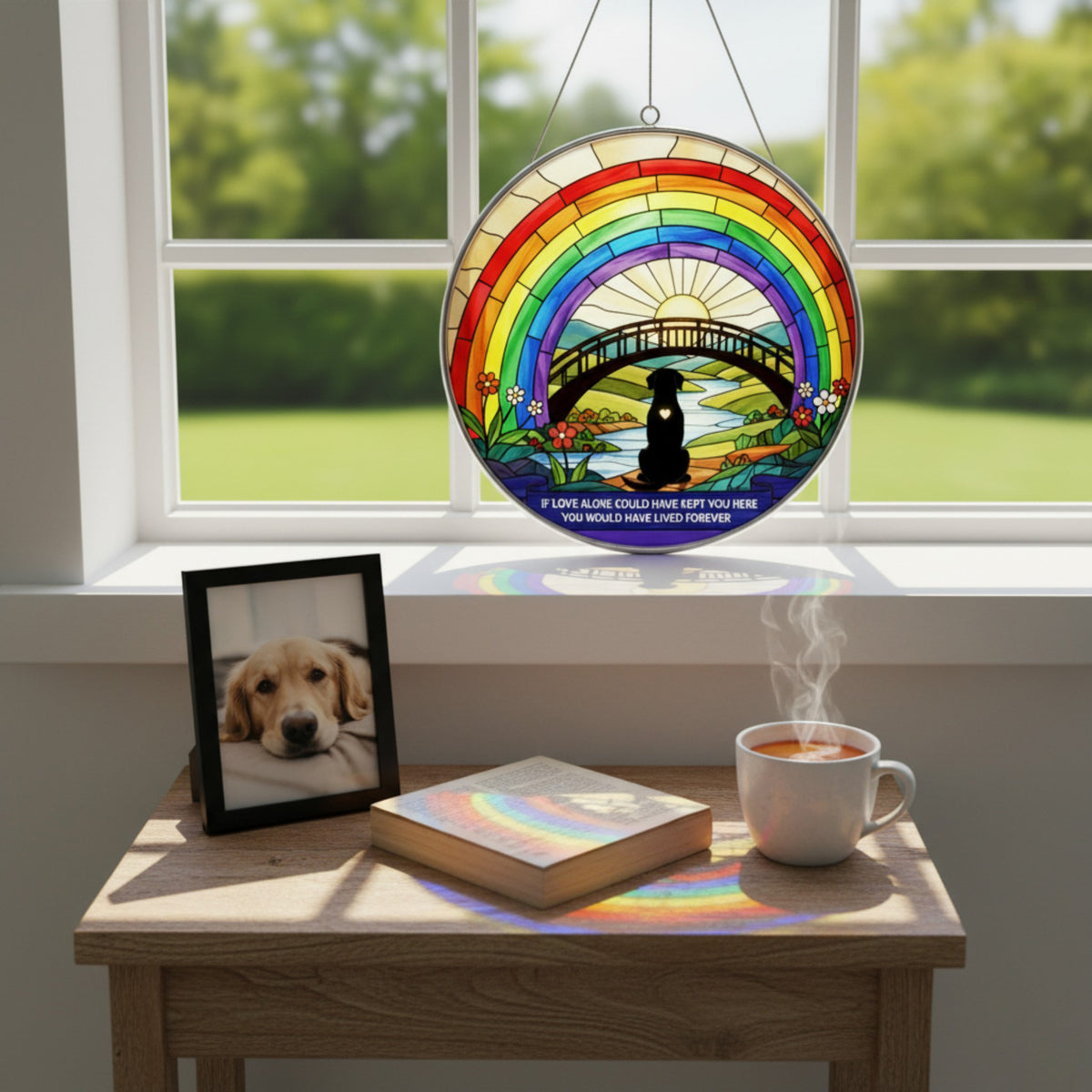 Stained Glass Window Suncatcher – Dog Memorial Gift – Rainbow Bridge Pet Loss Keepsake