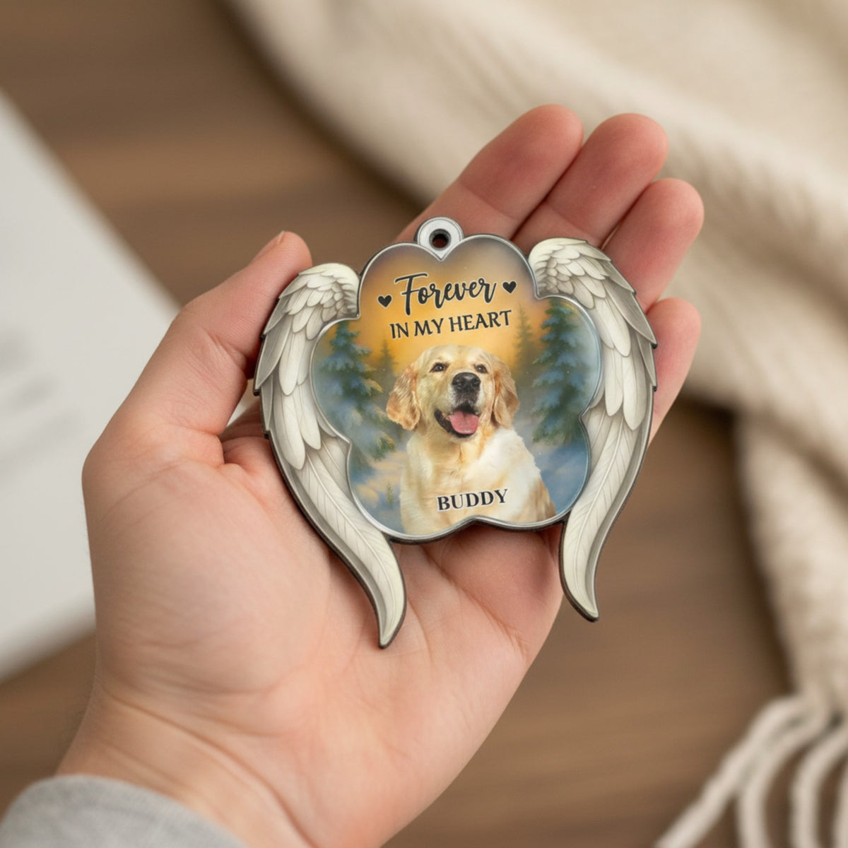 Personalized Dog Memorial Ornament - "Forever In My Heart" Angel Wings Keepsake