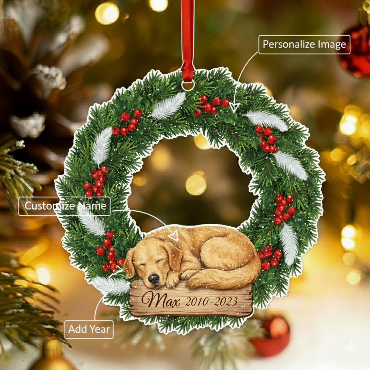 Personalized Pet Photo Christmas Wreath Ornament | Dog Loss Memorial Keepsake