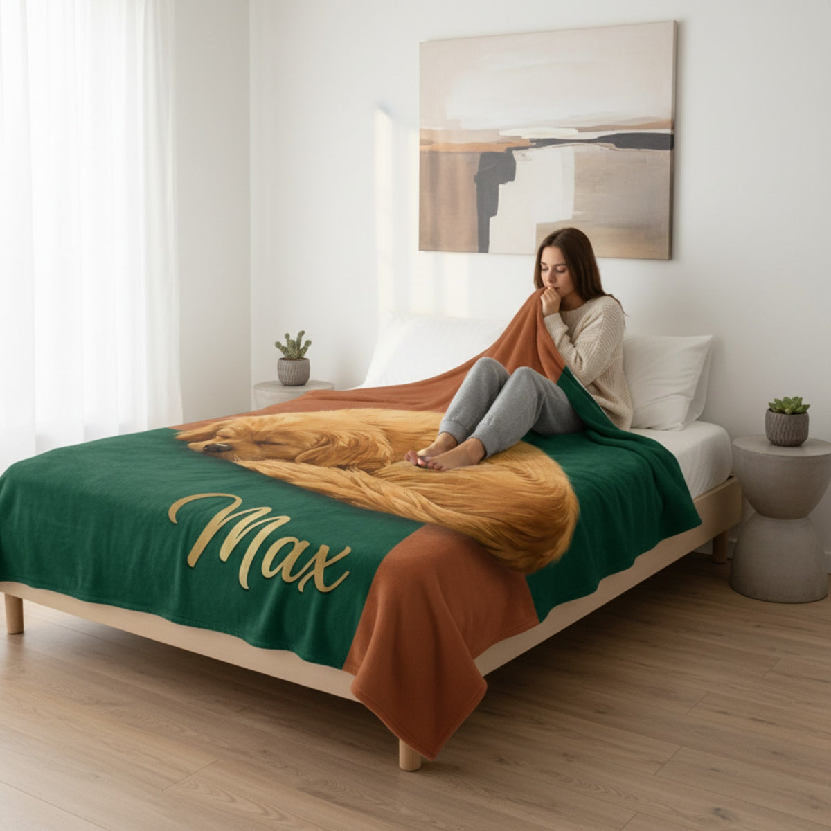 Elegant Custom Pet Remembrance Throw - Green & Brown Sleeping Dog Keepsake