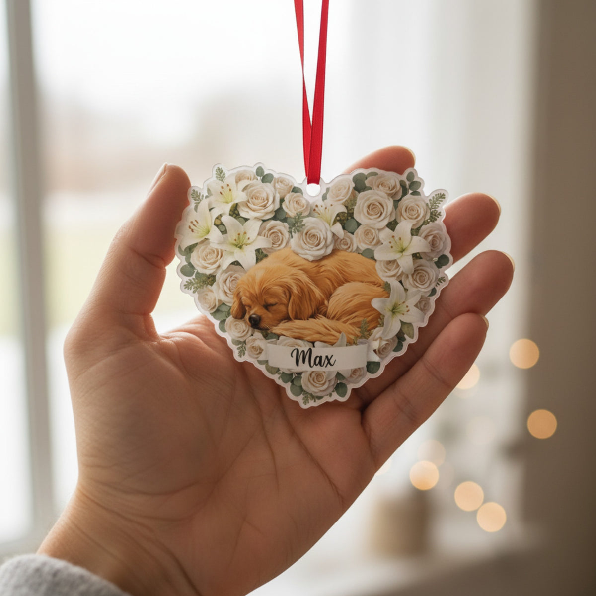Personalized Pet Loss Memorial Ornament | Custom Photo Heart Flower Wreath Keepsake
