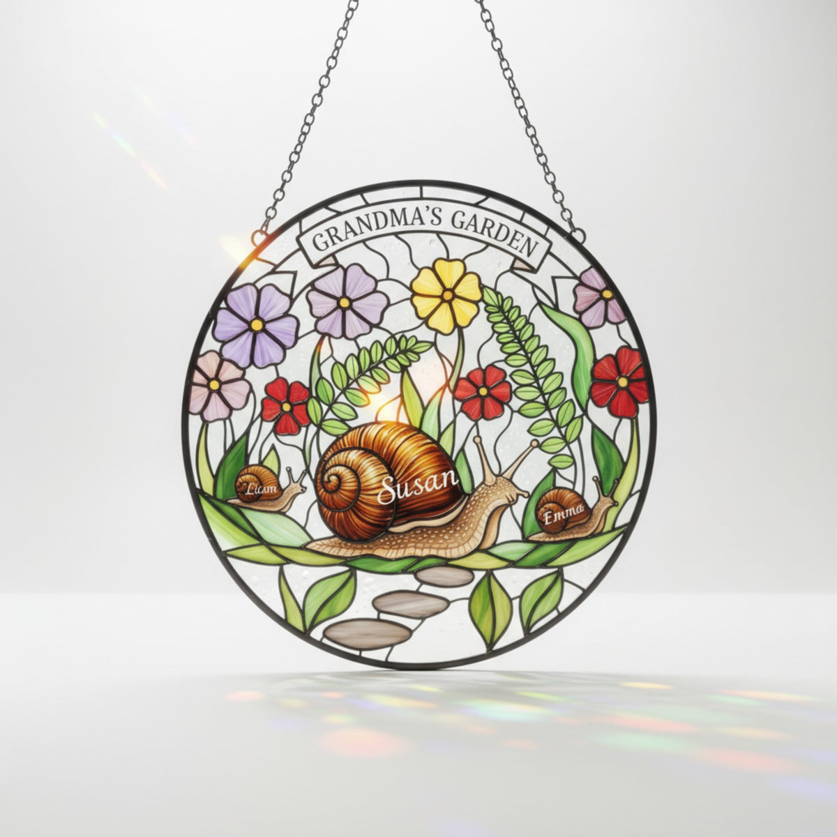 Snail Family Personalized Stained Glass Suncatcher – Custom Gift for Grandma