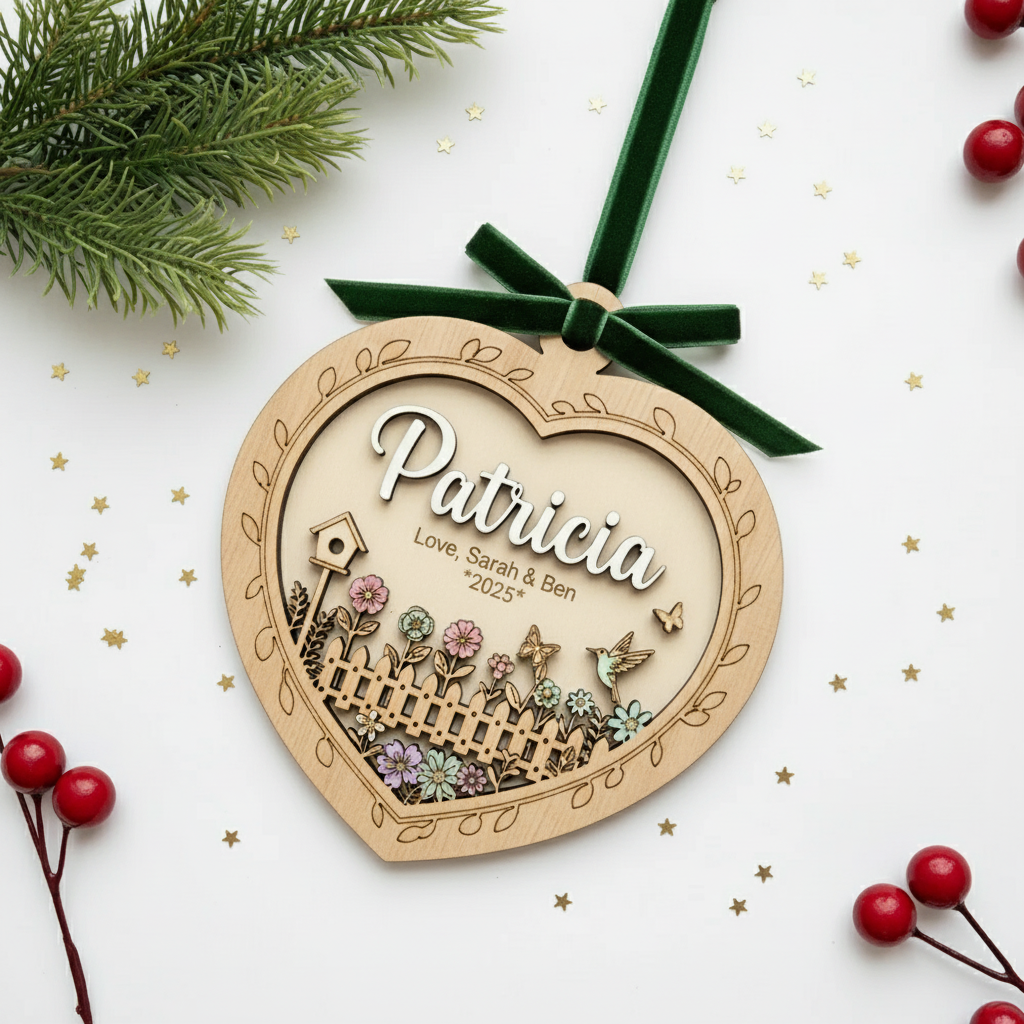 Heart Garden Wooden Ornament for Grandma – Personalized Name and Grandkids Year Keepsake