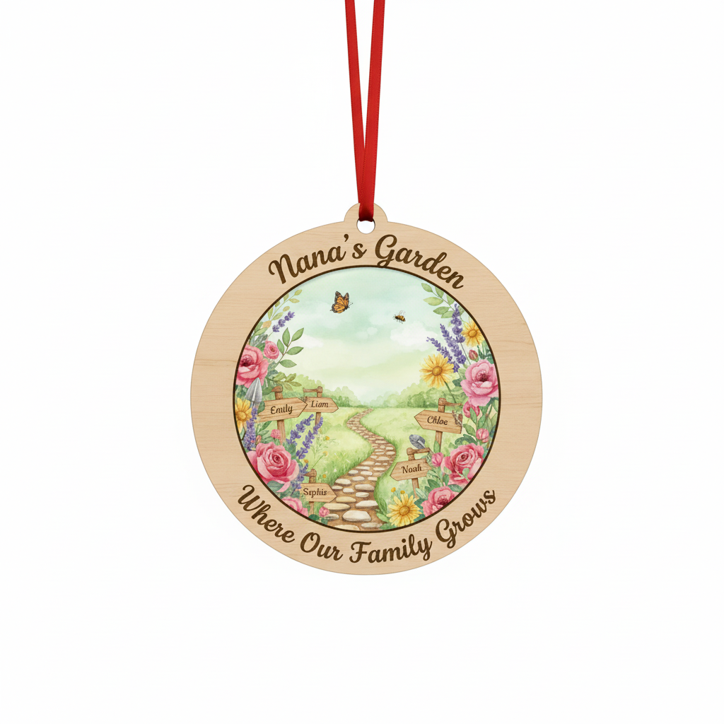 Garden Path Wooden Ornament for Nana – Personalized Grandkids Name Family Keepsake