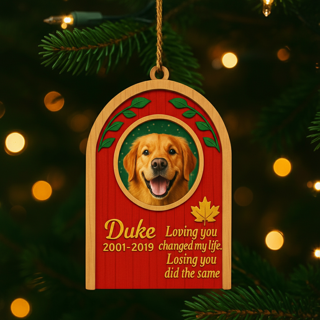 Memorial Leaf Frame Ornament for Pet Lovers – Custom Photo Wooden Tribute